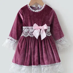Kookie Kids Full Sleeves Solid Color   Frock with Frill Detailing & Bow Applique -  Maroon-picture-10