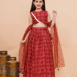 Piccolo Sleeveless Motif Printed & Lace Embellished Lehenga Choli With Dupatta Set - Red-picture-15