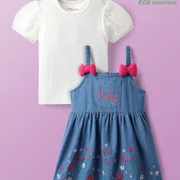 Babyoye 100% Cotton Woven Half Sleeves Inner T-Shirt & Frock with Pretty Text & Floral Embroidery - Blue & White-picture-36