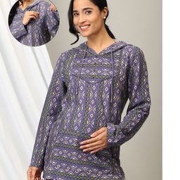 The Mom Store Full Sleeves Abstract Printed Maternity Hoodie With Concealed Zipper Nursing Access - Blue-picture-10