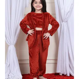 NEUDIS Fleece Knit Full Sleeves Solid Coordinating Night Suit Set - Maroon-picture-28