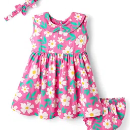 Babyhug Cotton Knit Sleeveless Floral Printed Frock with Bloomer & Headband - Pink-picture-28