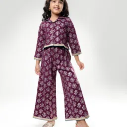 EARTHY TOUCH Single Jersey Knit Full Sleeves Floral Foil Printed Shirt Style Top & Palazzo Indo Western Set - Wine-picture-25