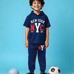 Trampoline Cotton Blend Half Sleeves New York Text Printed Hooded Tee With Coordinating Track Pants Set - Blue-picture-6