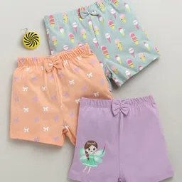 BUMZEE Cotton Knit Above Knee Length Ice Cream & Bow Tie Printed Shorts With Bow Applique Pack of 3 - Peach Light Blue & Lavender-picture-23