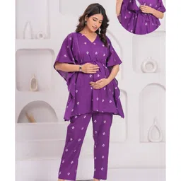 CeleBravo Cotton Woven Half Batwing Sleeves Bandhani Printed Maternity Ethnic Kaftan Style Kurta With Nursing Access & Pant Set - Purple-image-92