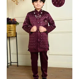 BT DEZINES Satin Woven Full Sleeves Geometric Embroidered Sequins Embellished Sherwani Set With Mala - Wine-picture-18
