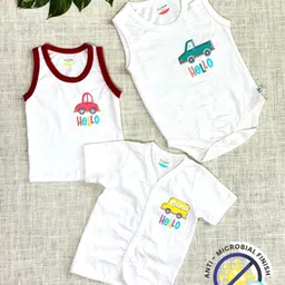 COCOON ORGANICS 100% Cotton Knit Pack Of 3 Half Sleeves Vehicles Printed Anti Microbial Jhabla Onesie & Vest Set - White-picture-23