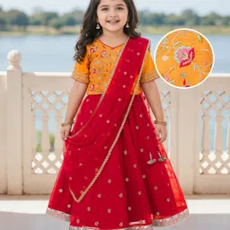 Babyhug Woven Half Sleeves Net Floral Embroidered Choli Lehenga & Dupatta Set with Floral Embroidery & Lace Detailing - Red & Mustard-picture-25