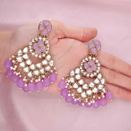 Anouk Gold-Plated Kundan Studded and Pearls Beaded Contemporary Shaped Drop Earrings image 2