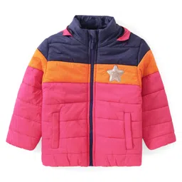 Babyhug Woven Full Sleeves Padded Hooded Jacket With Colour Block Design & Patch Detailing - Pink & Navy Blue image 2