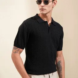 HIGHLANDER Men Self Design Polo Collar Cotton Relaxed Fit T-shirt image 2