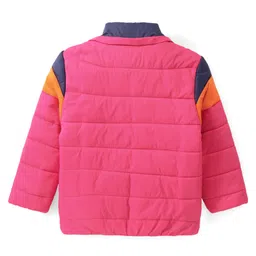 Babyhug Woven Full Sleeves Padded Hooded Jacket With Colour Block Design & Patch Detailing - Pink & Navy Blue image 3