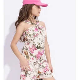 Taffykids Cotton Blend Sleeveless Floral & Birds Printed Jumpsuit - Beige & Multi Colour image 4