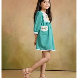 Tiny Twills Linen Woven Three Fourth Sleeves Honey Bee Embroidered Dress - Sage Green image 4