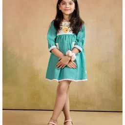 Tiny Twills Linen Woven Three Fourth Sleeves Honey Bee Embroidered Dress - Sage Green image 5