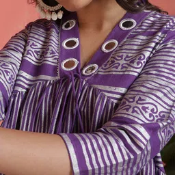 Sangria Printed Mirror Work V-neck Calf Length A-Line Ethnic Dress image 4