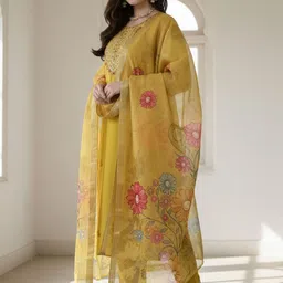 Indo Era Floral Embroidered Thread Work Straight Kurta With Trousers & Dupatta image 4