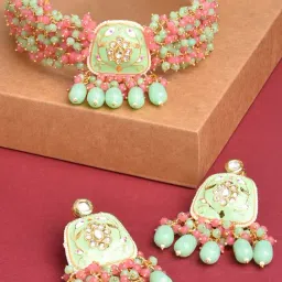 Zaveri Pearls Pink Green Multistrand Cluster Crystal Meenakari Choker Necklace Earring Set-ZPFK14656-picture-31