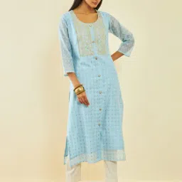 Soch Powder Blue Chanderi Polka-Dot Pattern Straight Kurta with Embroidered Yoke-image-25