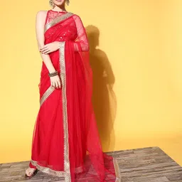 Inddus Solid Saree with Embroidered border image 1