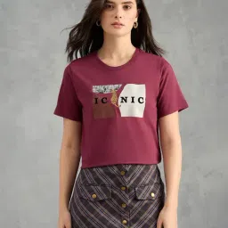 Iconic Women Maroon Printed Pure Cotton Round Neck T Shirt-picture-39
