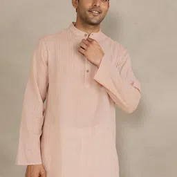 Fabindia Men Striped Zari Band Collar Kurta image 4