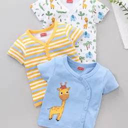 Babyhug 100% Cotton Half Sleeves Vests Stripes & Giraffe Print Pack of 3 - Multicolor-image-30
