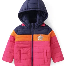 Babyhug Woven Full Sleeves Padded Hooded Jacket With Colour Block Design & Patch Detailing - Pink & Navy Blue-picture-28