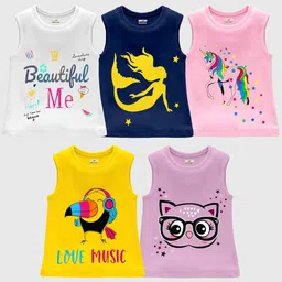 KUCHIPOO Pack Of 5Sleeveless Unicorn & Mermaid Printed Cotton T Shirts - Multi Colour-picture-26