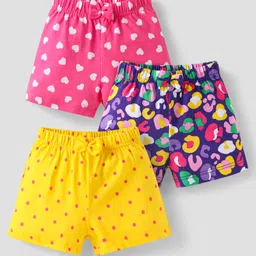 Babyhug Single Jersey Knit Mid Thigh Bow Applique Shorts with Polka Dots & Hearts Print Pack of 3 - Pink Yellow & Purple-picture-27