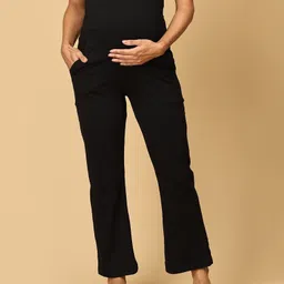The Mom Store Cotton Spandex Solid Maternity Track Pants - Black-picture-21