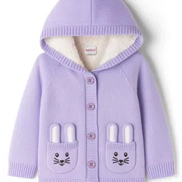 Babyhug Knitted Full Raglan Sleeves Hooded Front Open Sweater With Bunny Pockets - Lilac-picture-16