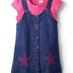 Babyhug Cotton Knit Half Sleeves Inner T-Shirt & Frock with Star Embroidery - Pink & Navy Blue-image-36