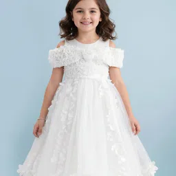 Mark & Mia Woven Half Cold Shoulder Sleeves Mesh Party Gown with Floral Applique - White-picture-25