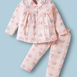 Teddy Sinker Knit Full Sleeves Co-ords Night Suit With Cat Print - Peach-picture-23