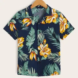 tior Woven Half Sleeves Floral Printed Shirt - Navy Blue-image-4