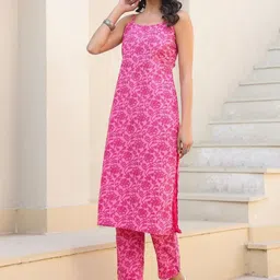 KALINI Women Floral Printed Regular Pure Cotton Kurta with Trousers image 5