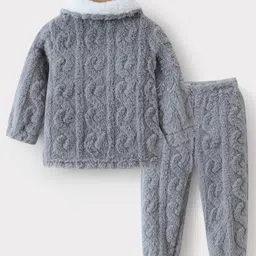 Kookie Kids Full Sleeves Front Open Winter Wear Night Suit With Pocket Teddy & Text Embroidery - Grey image 2