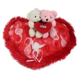 Tickles Loving Couple Teddy Sitting on Beautiful Heart Soft Stuffed Plush Cushion Special Valentine Day Gift (Color: Red Size: 25 cm) image 2