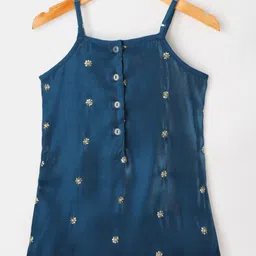 Saka Designs Woven Sleeveless Kurti Dhoti Set with Dupatta & Embroidery - Yellow & Navy Blue image 3