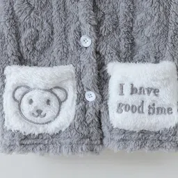 Kookie Kids Full Sleeves Front Open Winter Wear Night Suit With Pocket Teddy & Text Embroidery - Grey image 4
