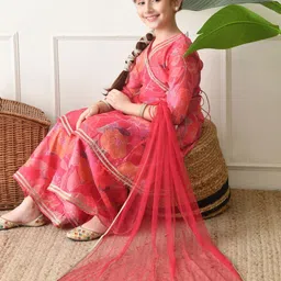 Indi-Loom Couture Girls Floral Printed Angrakha Gotta Patti Kurta with Sharara & With Dupatta image 4