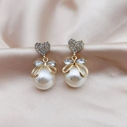 PolluxCraft Gold-Plated Stone Studded & Pearls Beaded Heart Shaped Drop Earrings-picture-11