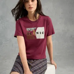 Iconic Women Maroon Printed Pure Cotton Round Neck T Shirt image 4