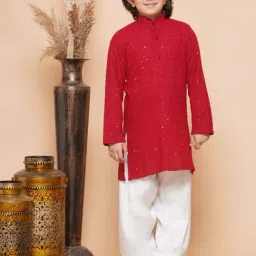 AJ Dezines Kids Red & White Cotton Embroidered Full Sleeves Kurta Set-image-29