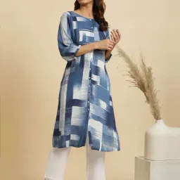 W Blue Printed A Line Kurta image 3