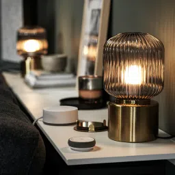 ikea solklint Table lamp, brass/grey clear glass, 28 cm image 4