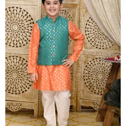 Saka Designs by Sapna Foil Printed Full Sleeves Kurta and Pyjama with Jacket - Teal & Orange-picture-10