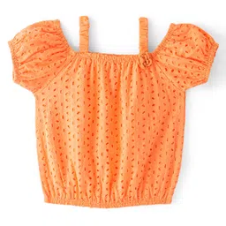 Babyhug Cotton Half Sleeve Schiffli Top With Bow Applique - Orange-image-34